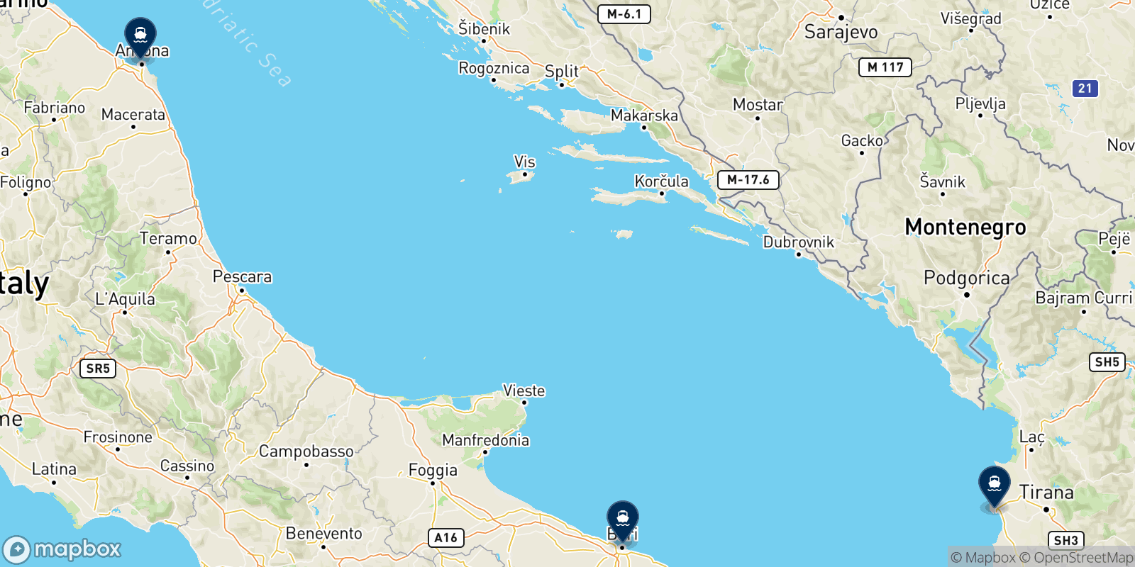Carte des destinations Adria Ferries