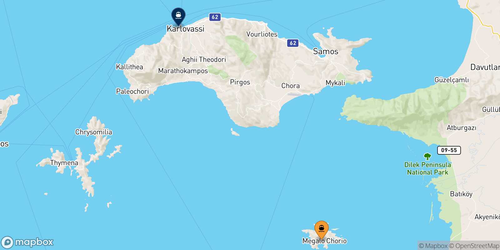 Carte des traverséesAgathonissi Pythagorio (Samos)