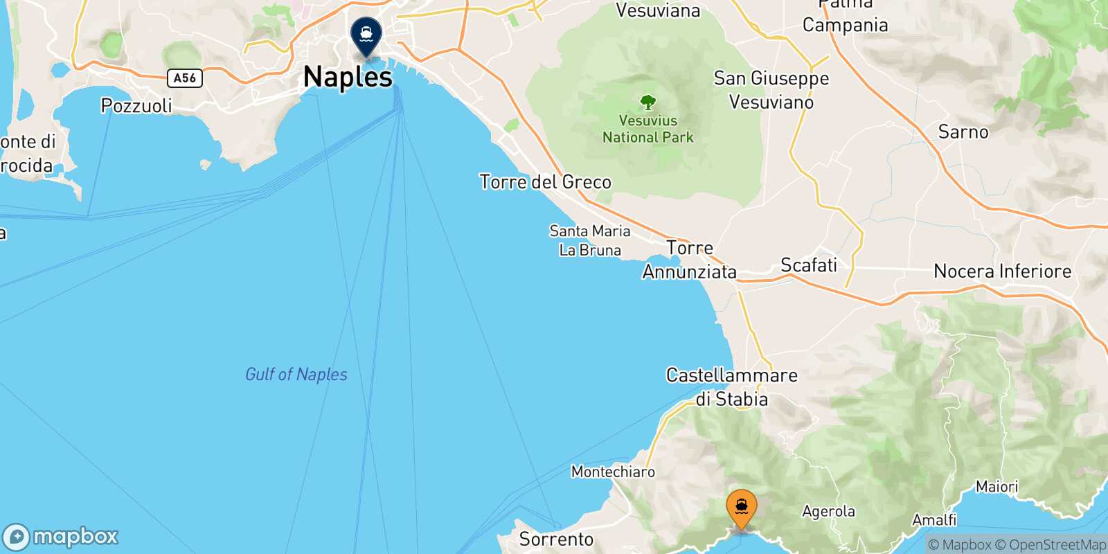 Carte des traverséesPositano Naples Beverello
