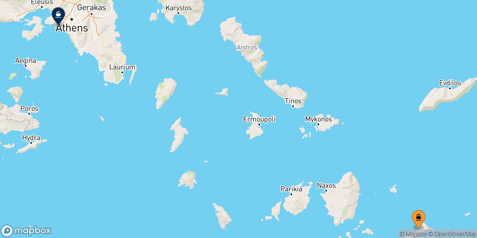 Carte des traverséesAegiali (Amorgos) Le Piree