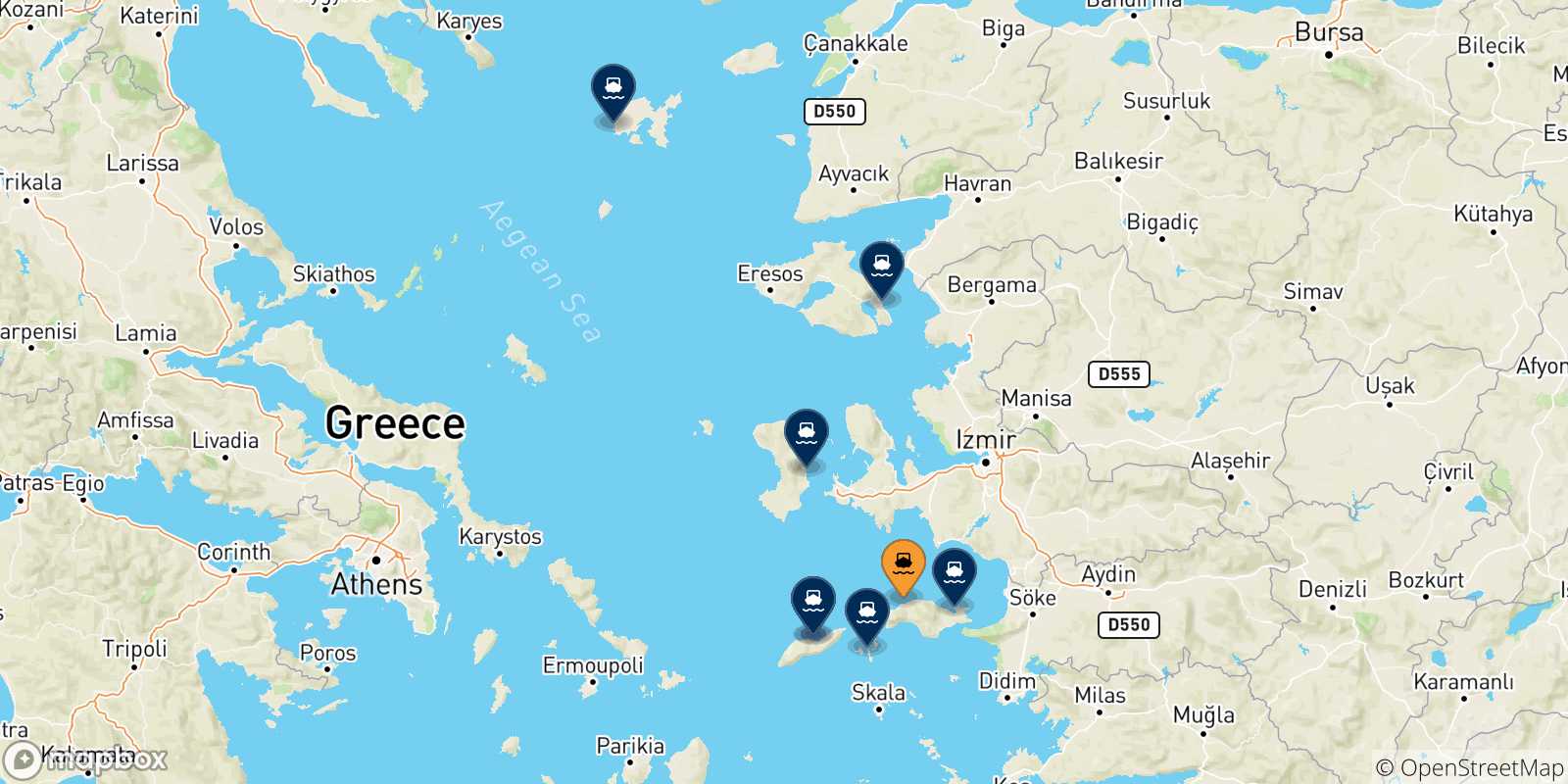 Carte des traversées possibles entre Karlovassi (Samos) et les Îles Égéennes