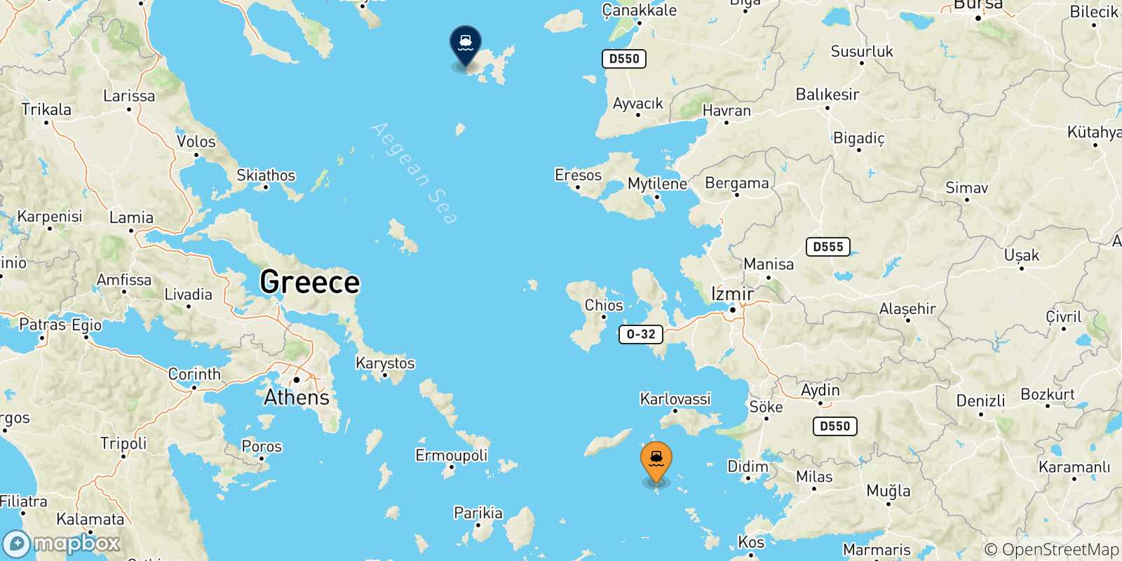 Carte des traversées possibles entre Îles Du Dodécanèse et Myrina (Limnos)