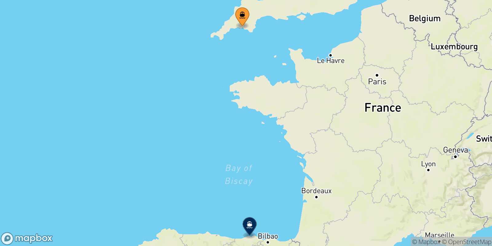 Carte des destinations de Plymouth