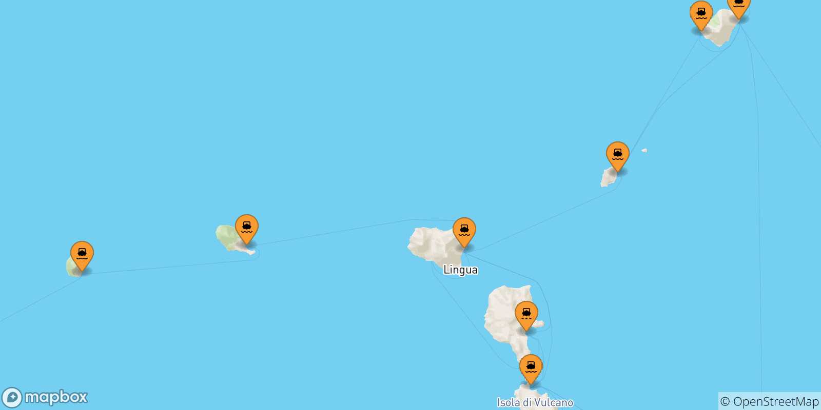 Carte des traversées possibles entre les Îles Éoliennes et Rinella (Salina)