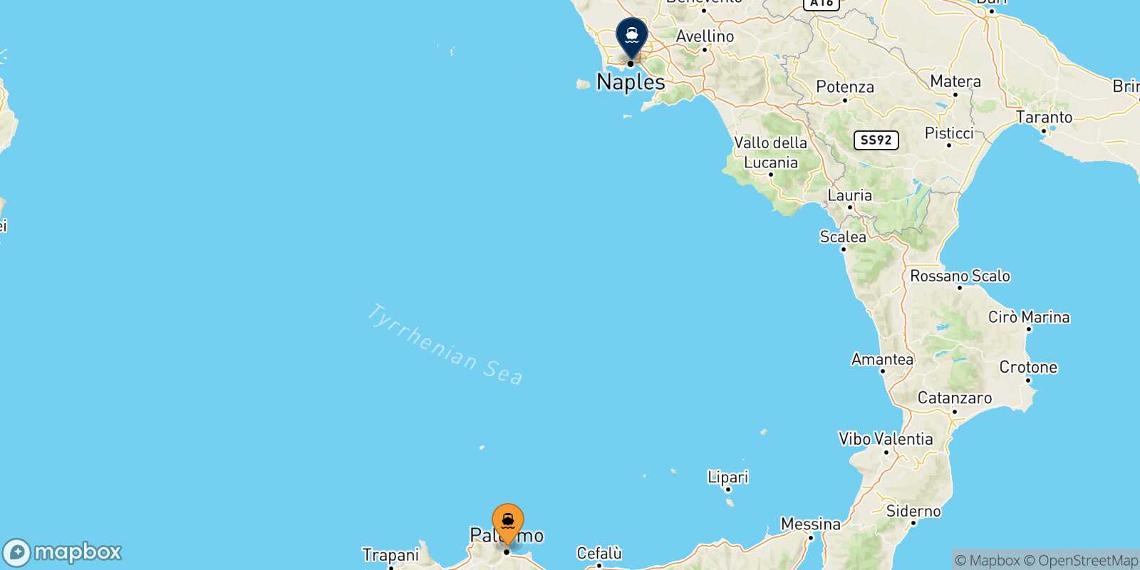 Carte des traverséesPalerme Naples