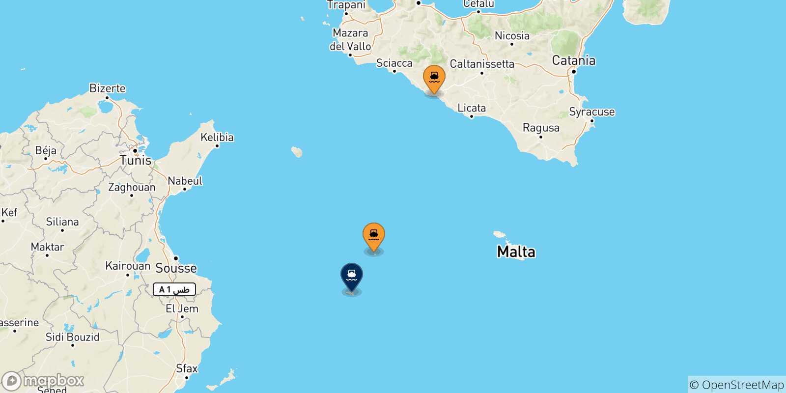 Carte des traversées possibles entre l'Italie et Lampedusa