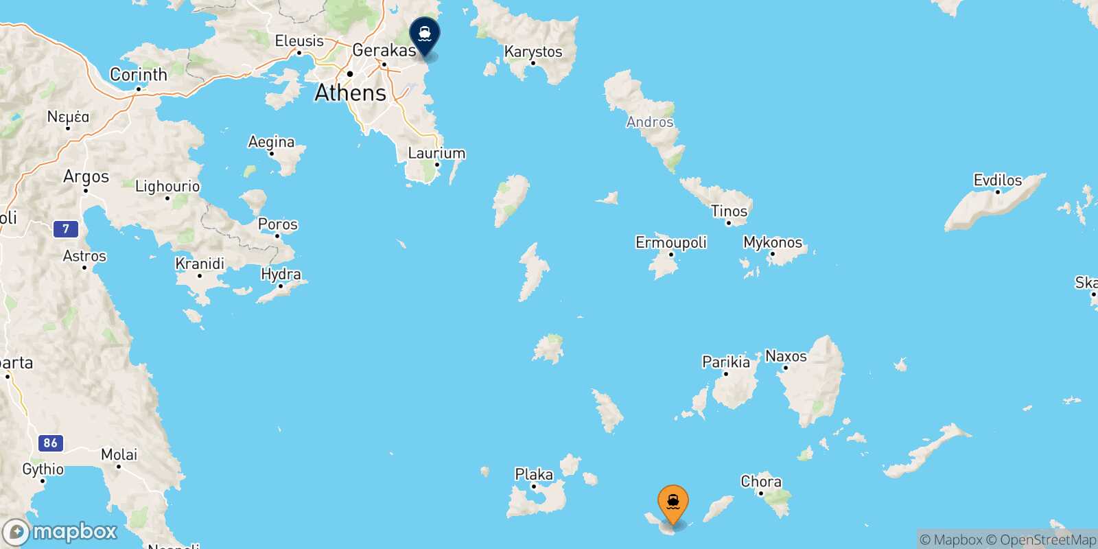 Carte des traverséesFolegandros Rafina