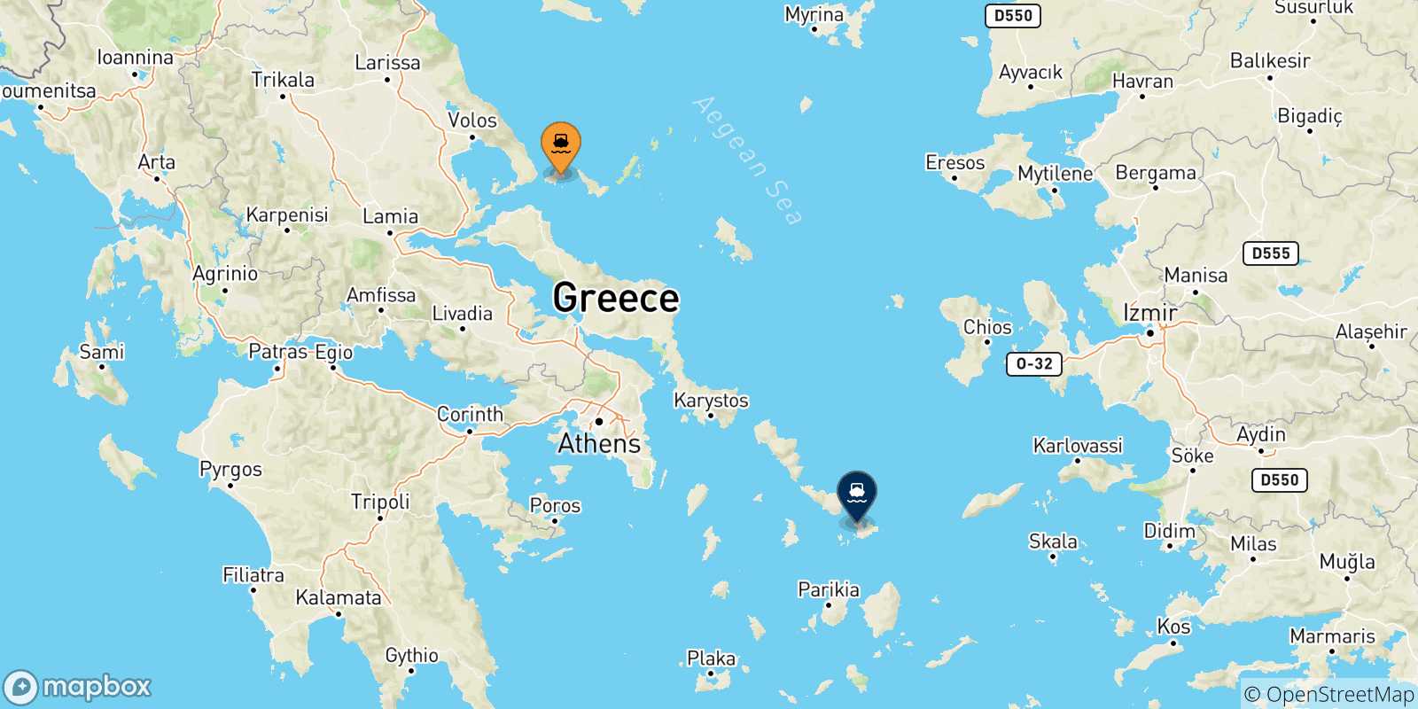 Carte des traversées possibles entre les Îles Sporades et Mykonos