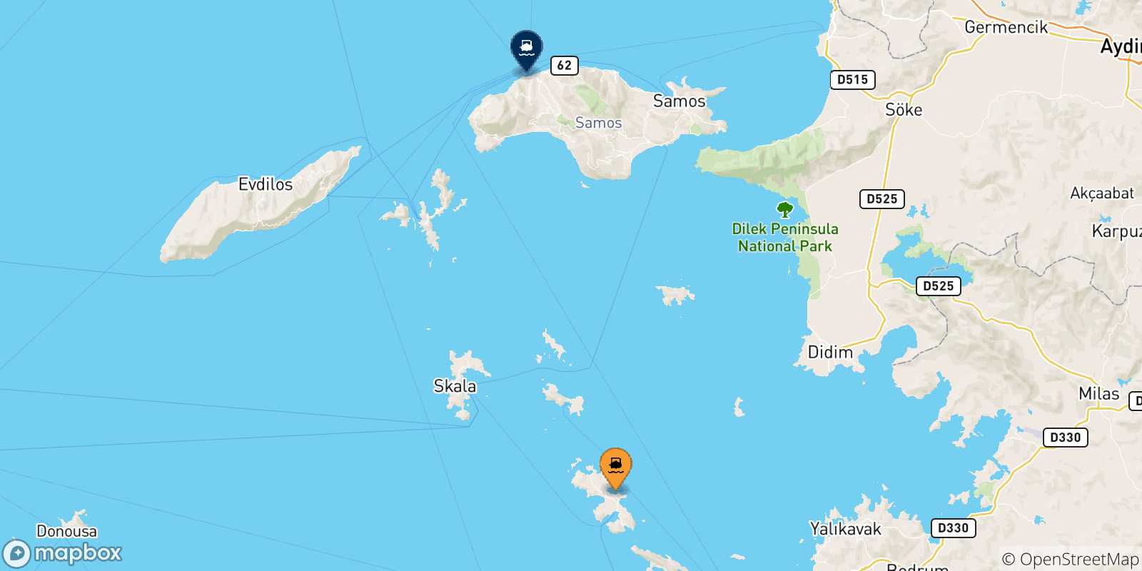 Carte des traversées possibles entre Agia Marina (Leros) et les Îles Égéennes