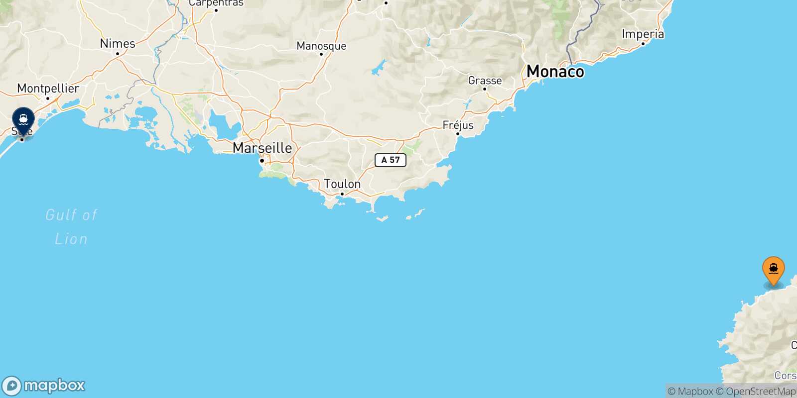 Carte des traverséesÎle Rousse Sète