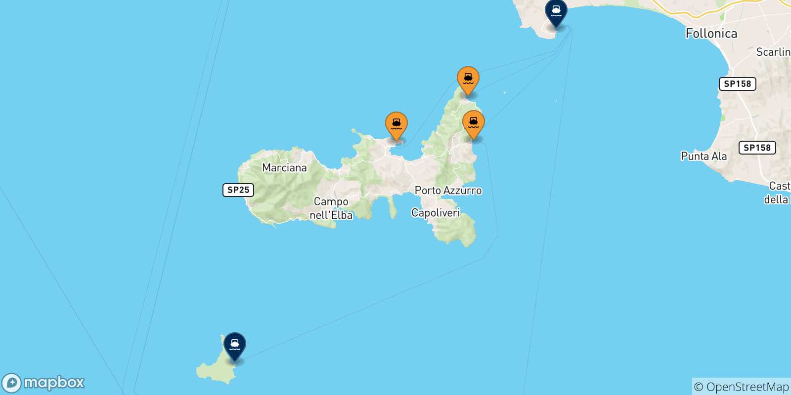 Carte des traversées possibles entre l'Île D'elbe et l'Italie