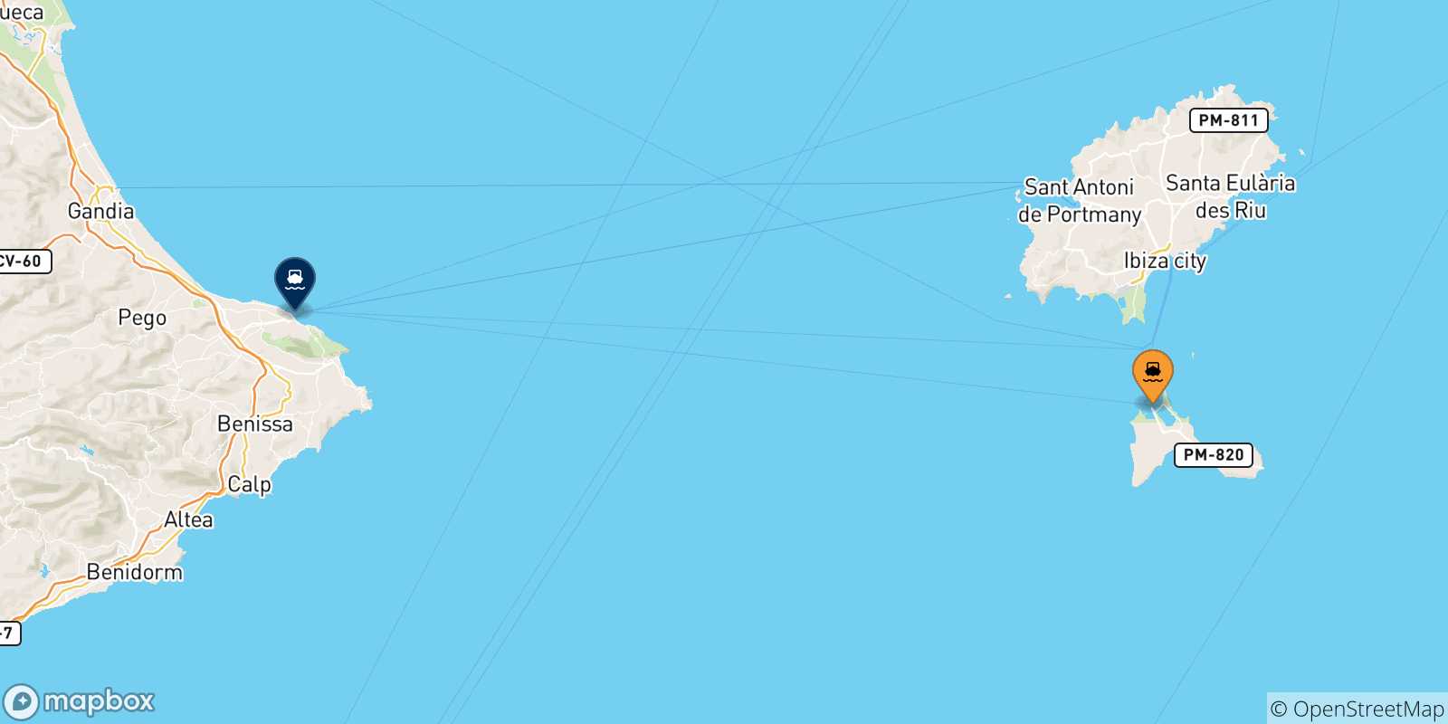 Carte des traversées possibles entre les Îles Baléares et Denia