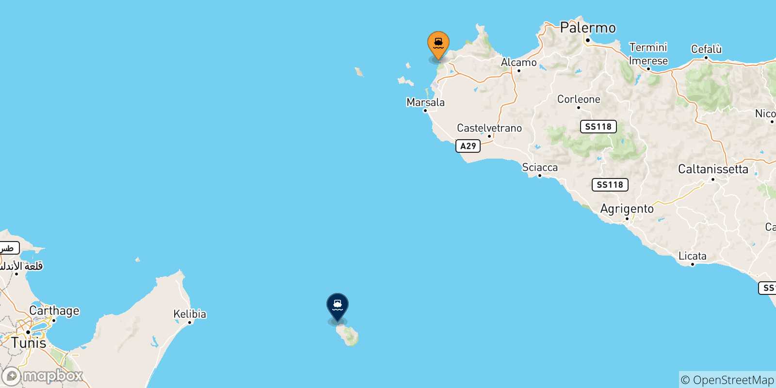 Carte des traversées possibles entre l'Italie et Pantelleria