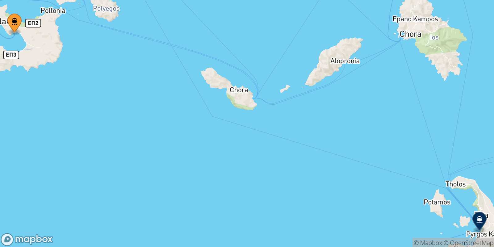 Carte des traverséesMilos Thera (Santorin)