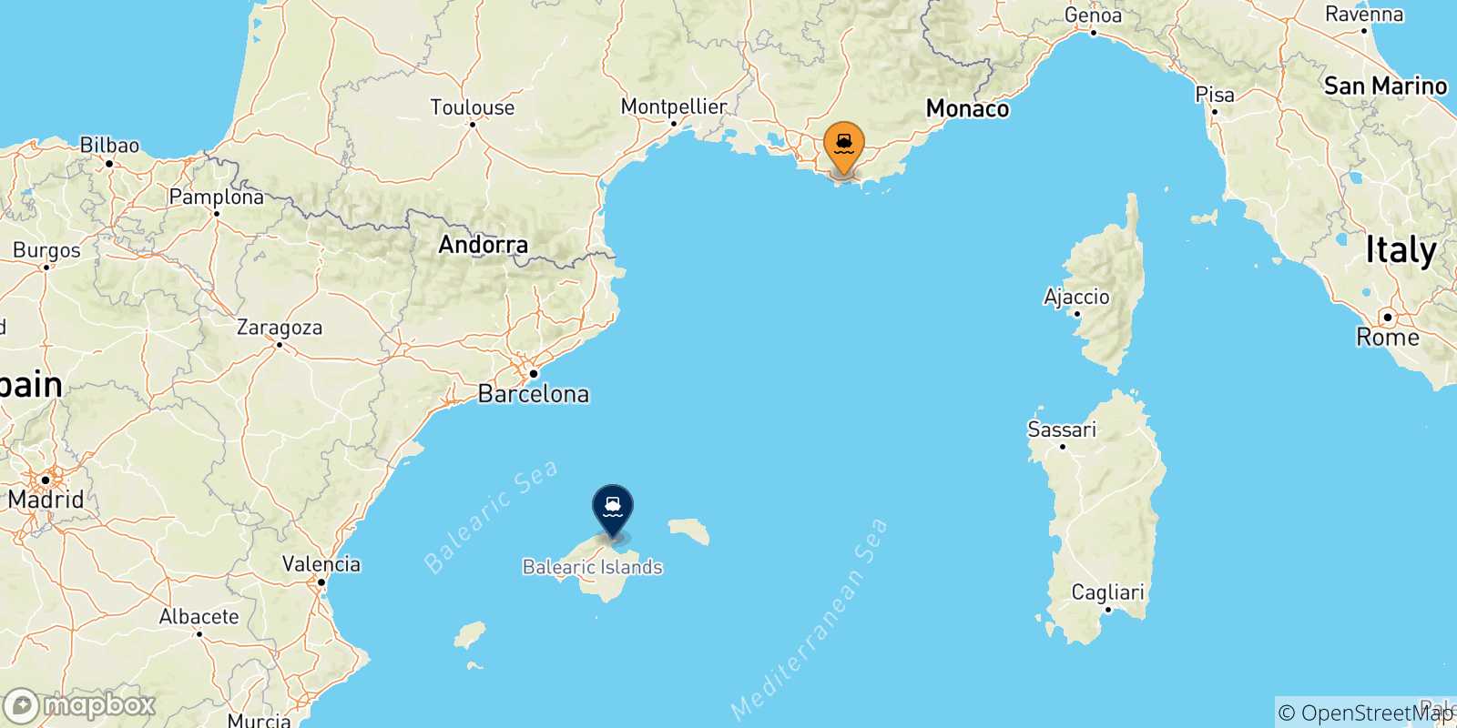 Carte des traversées possibles entre la France et Alcudia (Majorque)