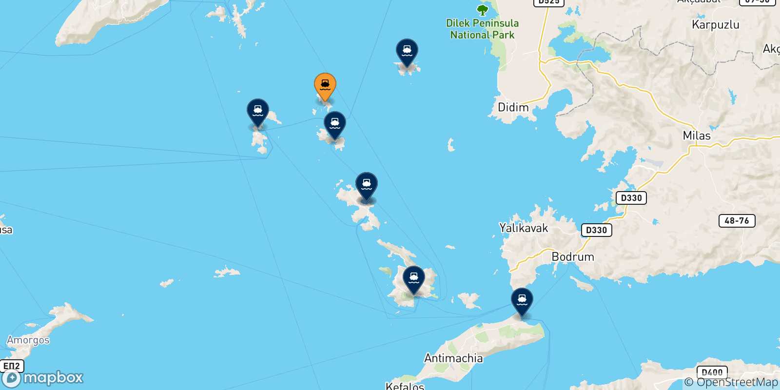 Carte des traversées possibles entre Arkyi et Îles Du Dodécanèse