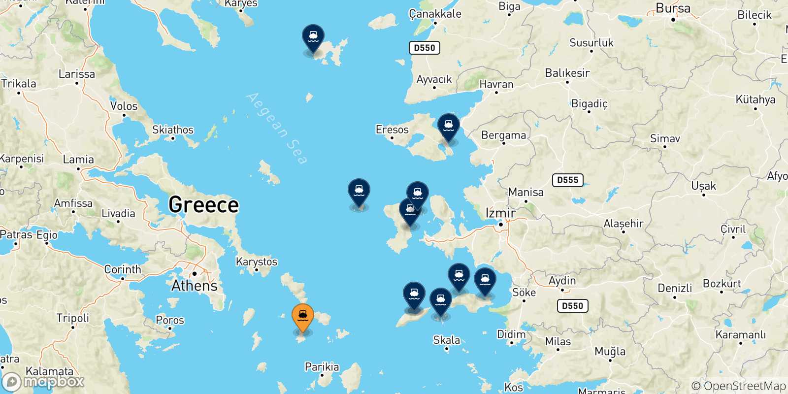 Carte des traversées possibles entre Syros et les Îles Égéennes