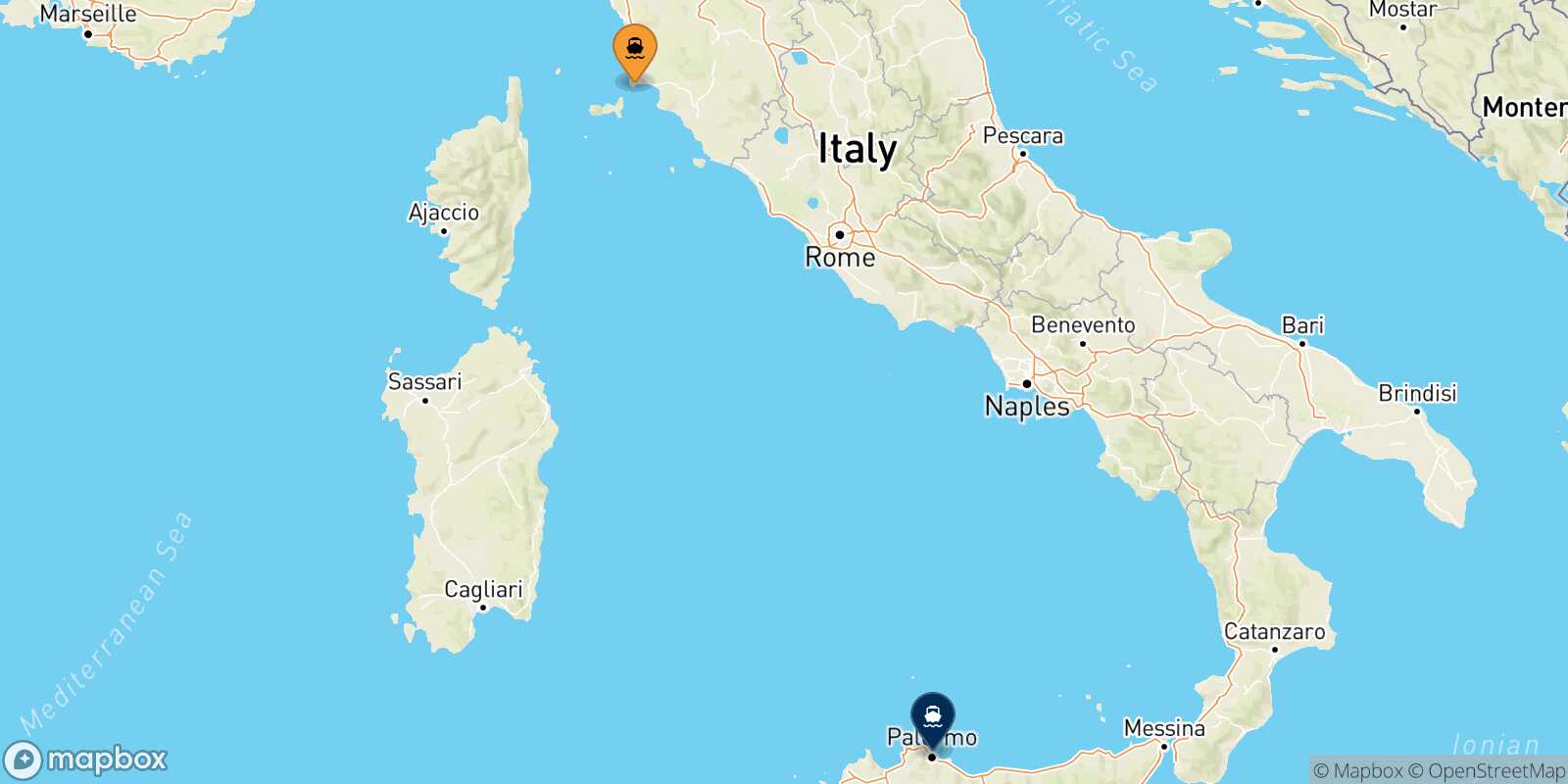 Carte des traverséesPiombino Palerme