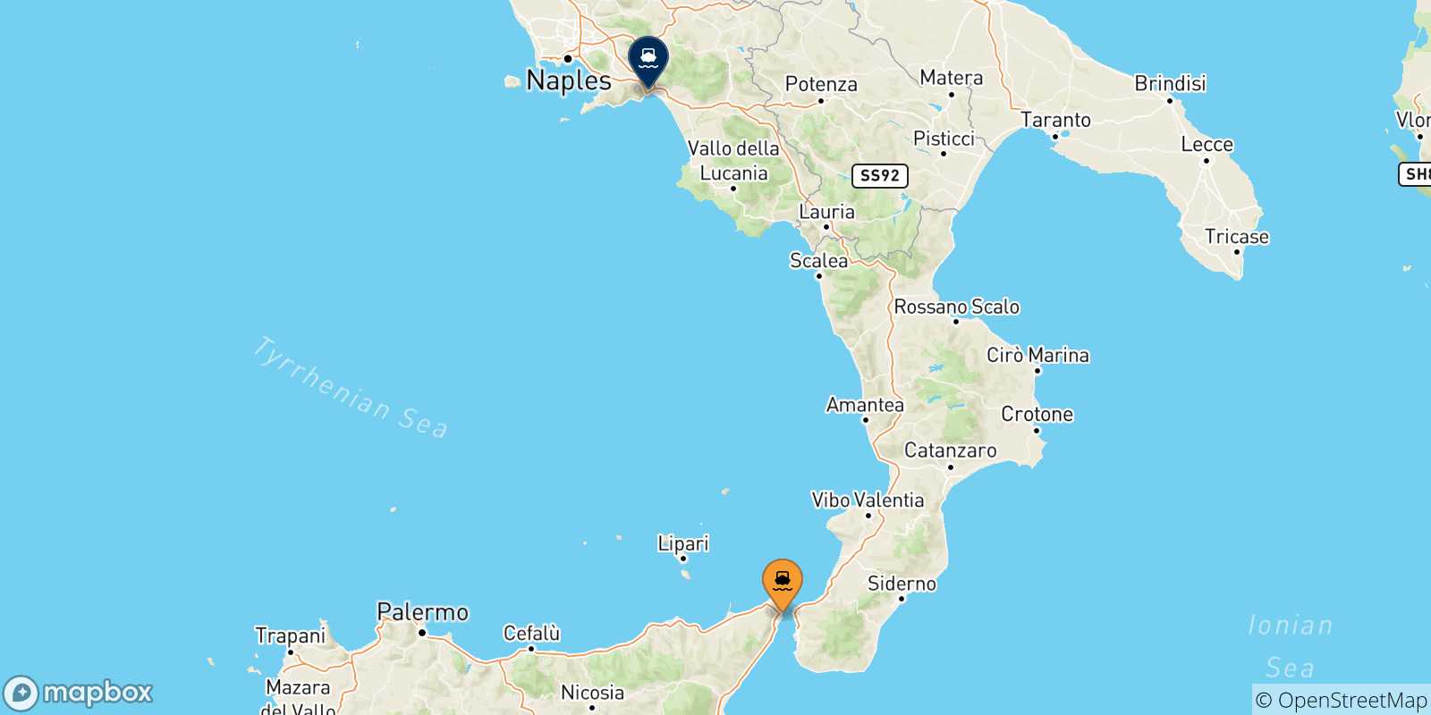 Carte des traversées possibles entre Messine et l'Italie