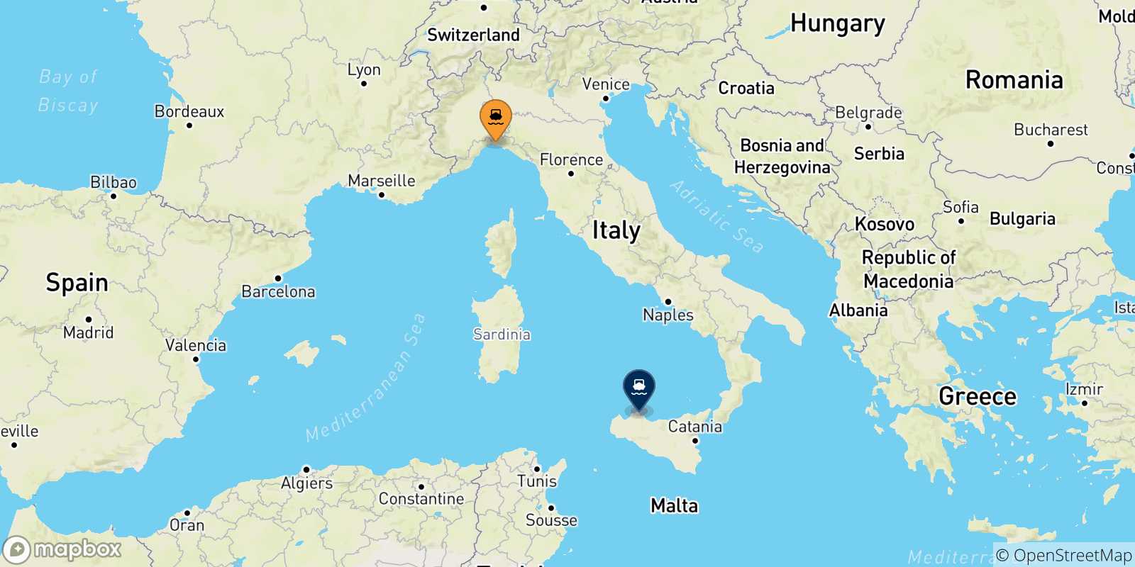 Carte des traversées possibles entre Genes et la Sicile