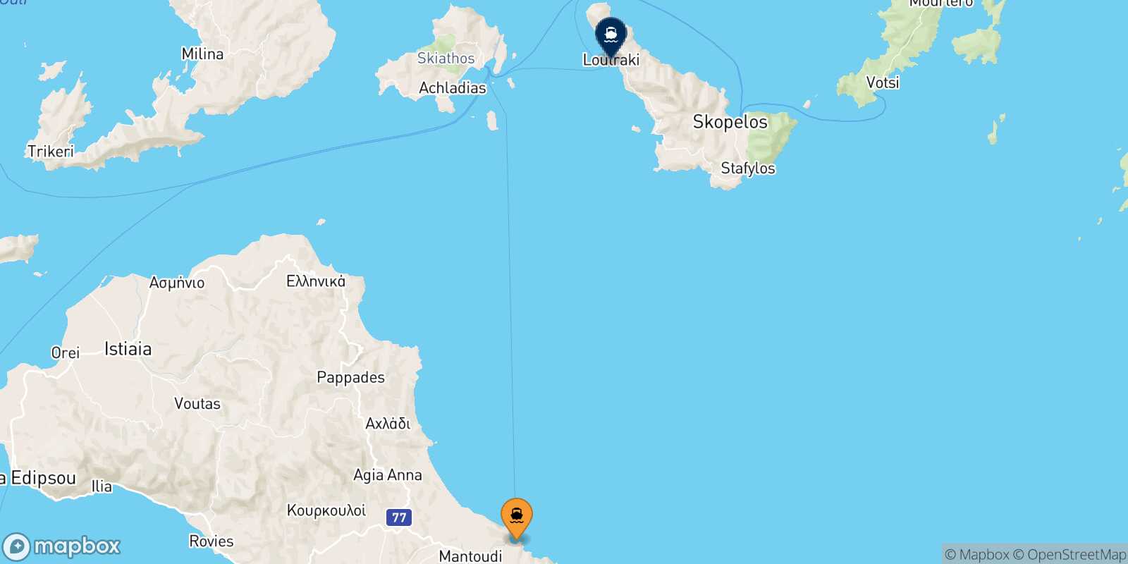 Carte des traverséesMantoudi (Evia) Agnontas (Skopelos)