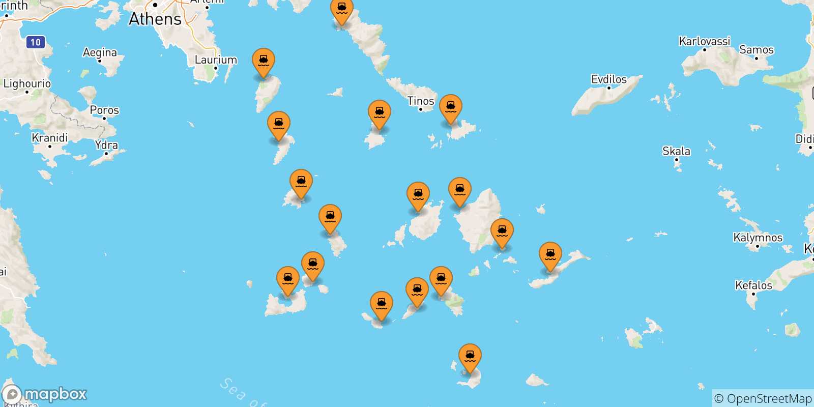 Carte des traversées possibles entre Îles Des Cyclades et Tinos