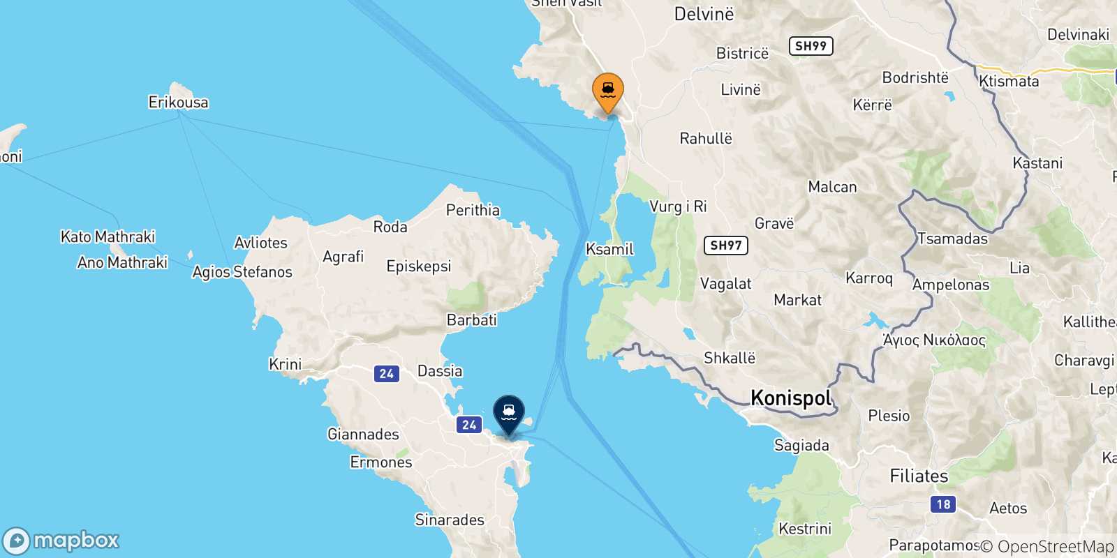 Carte des traversées possibles entre l'Albanie et Corfou