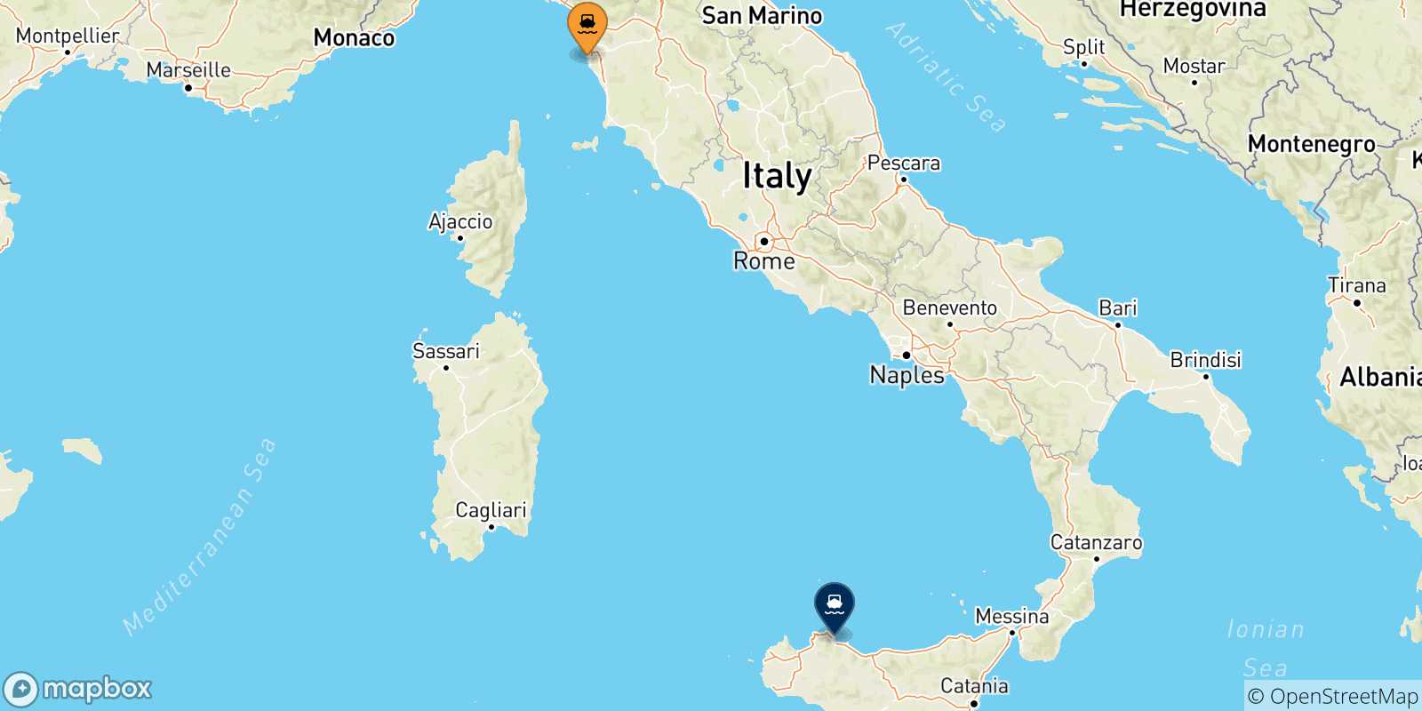 Carte des traversées possibles entre Livourne et la Sicile