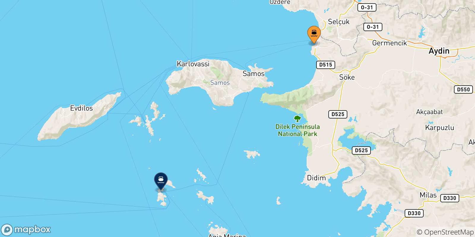 Carte des traversées possibles entre Kusadasi et Îles Du Dodécanèse
