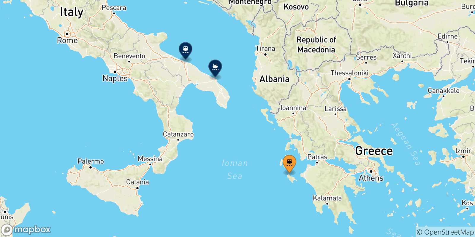 Carte des traversées possibles entre Zakynthos et l'Italie