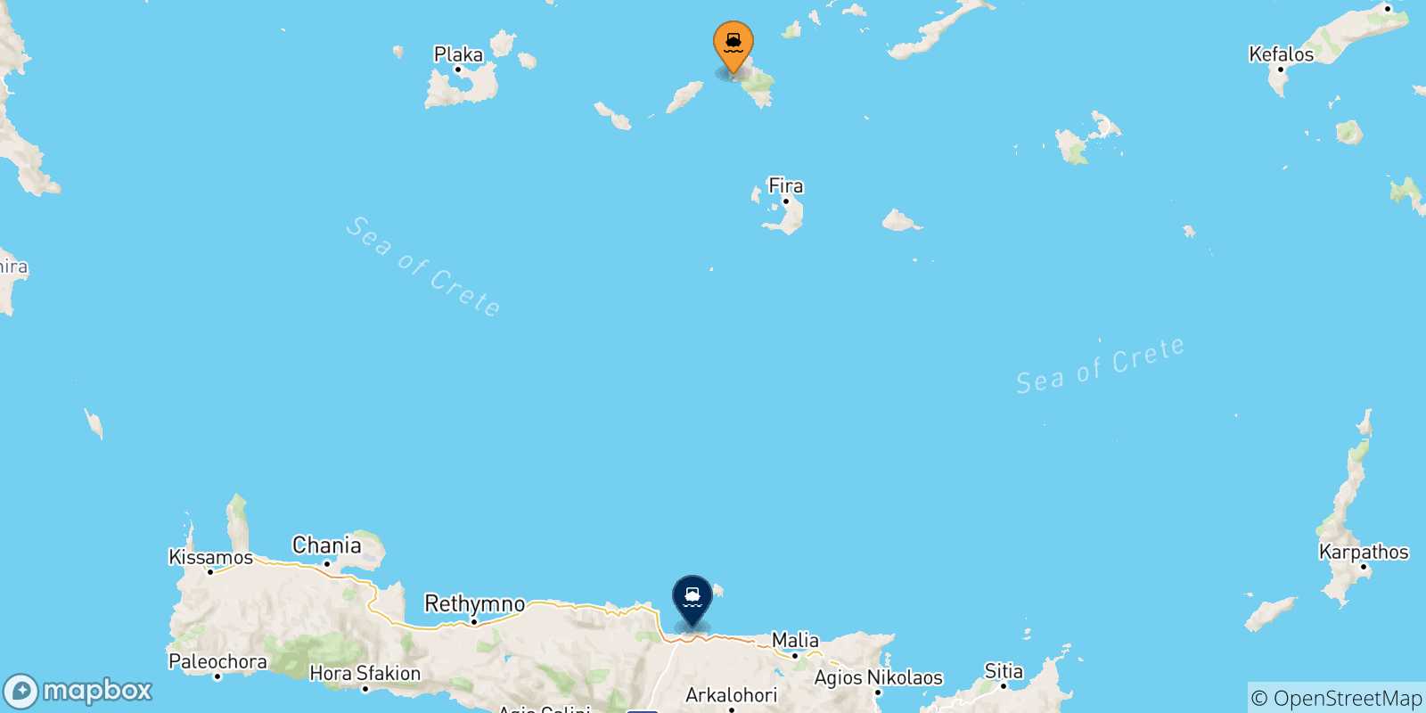 Carte des traversées possibles entre Ios et la Crète