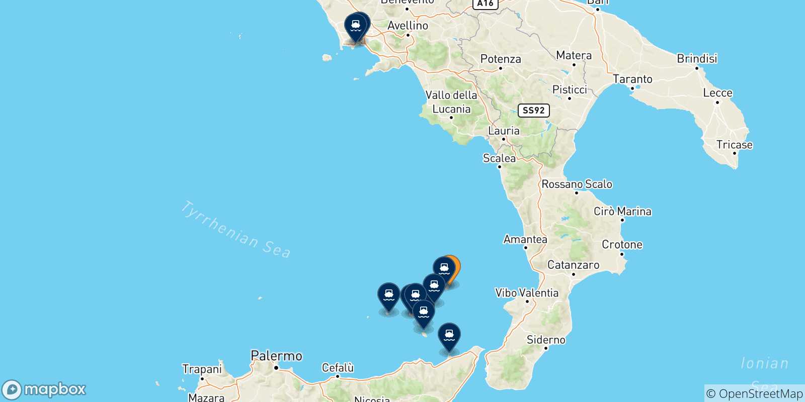 Carte des traversées possibles entre Stromboli et l'Italie