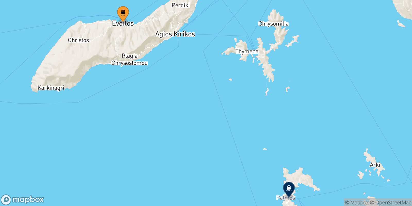 Carte des traverséesEvdilos (Ikaria) Patmos