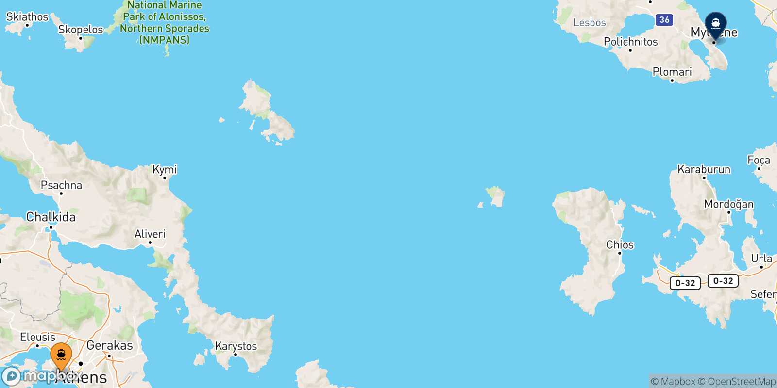 Carte des traverséesLe Piree Mytilene (Lesvos)