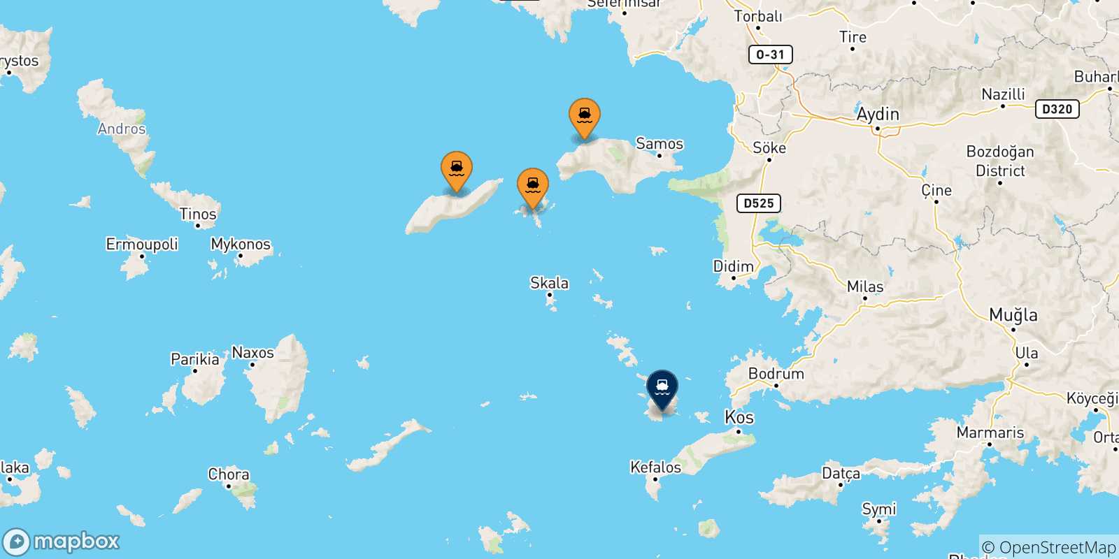 Carte des traversées possibles entre les Îles Égéennes et Kalymnos