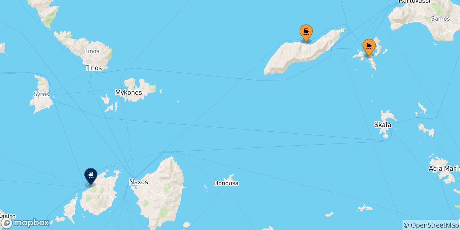 Carte des traversées possibles entre les Îles Égéennes et Paros