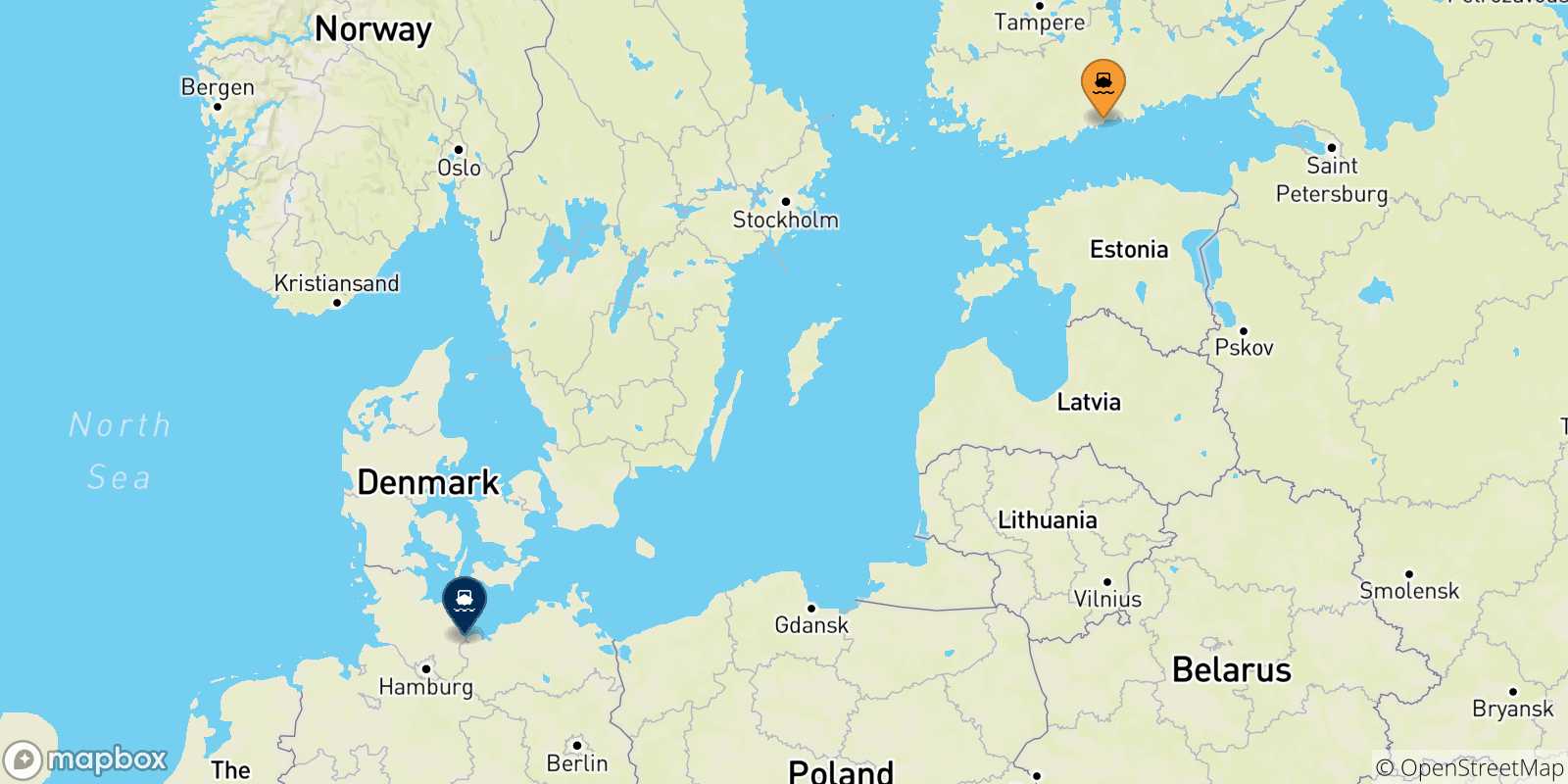 Carte des traversées possibles entre Helsinki et l'Allemagne