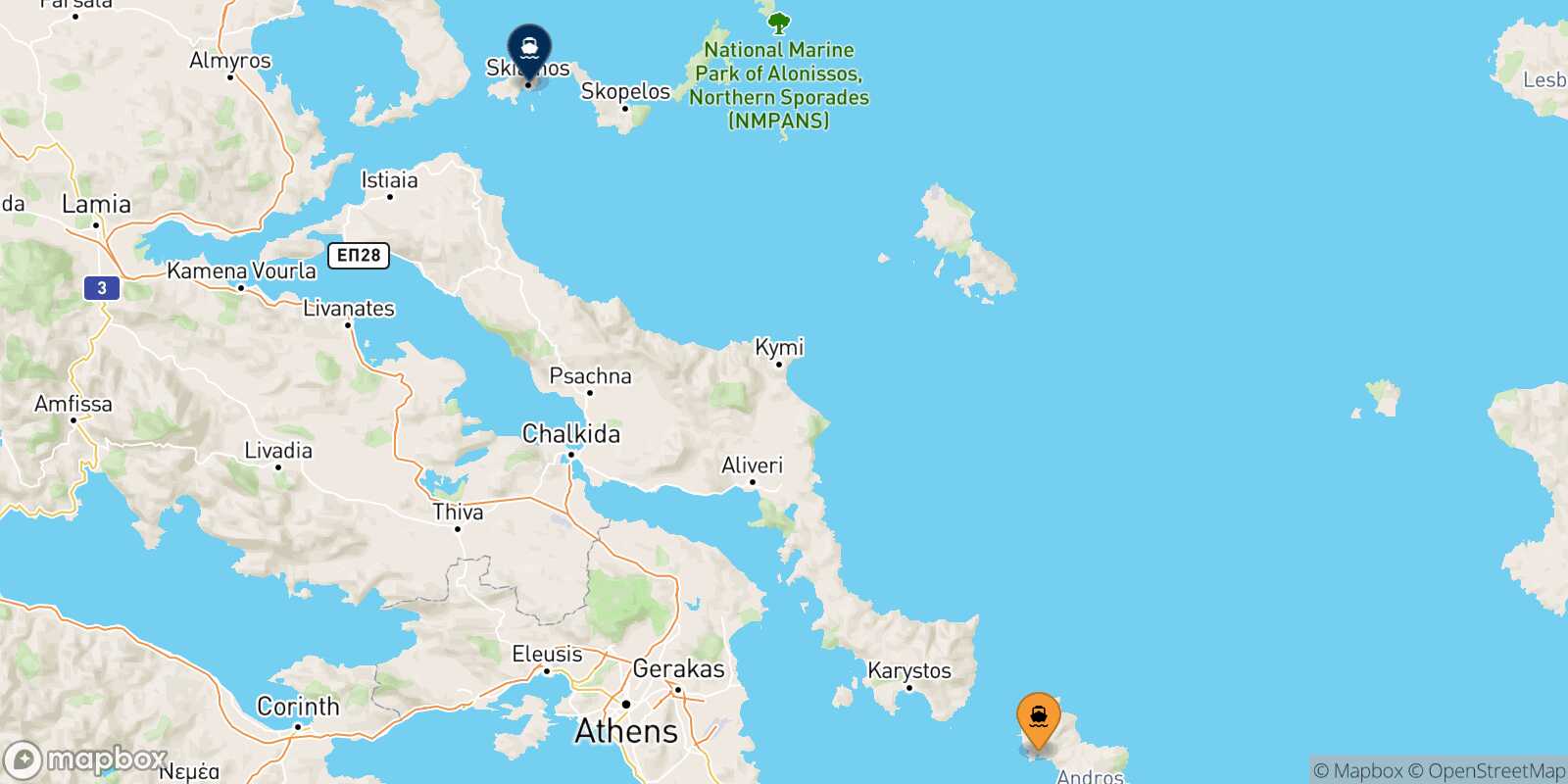 Carte des traverséesAndros Skiathos
