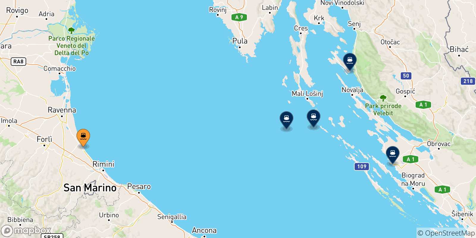 Carte des traversées possibles entre Cesenatico et la Croatie