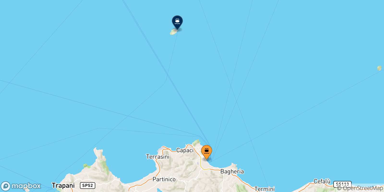 Carte des traversées possibles entre l'Italie et Ustica