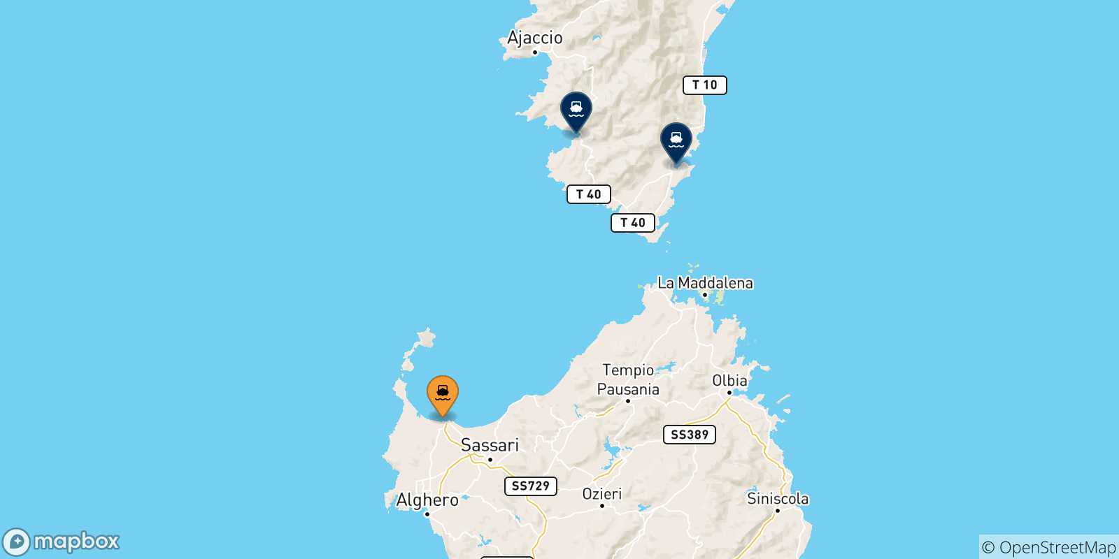 Carte des traversées possibles entre Porto Torres et la Corse