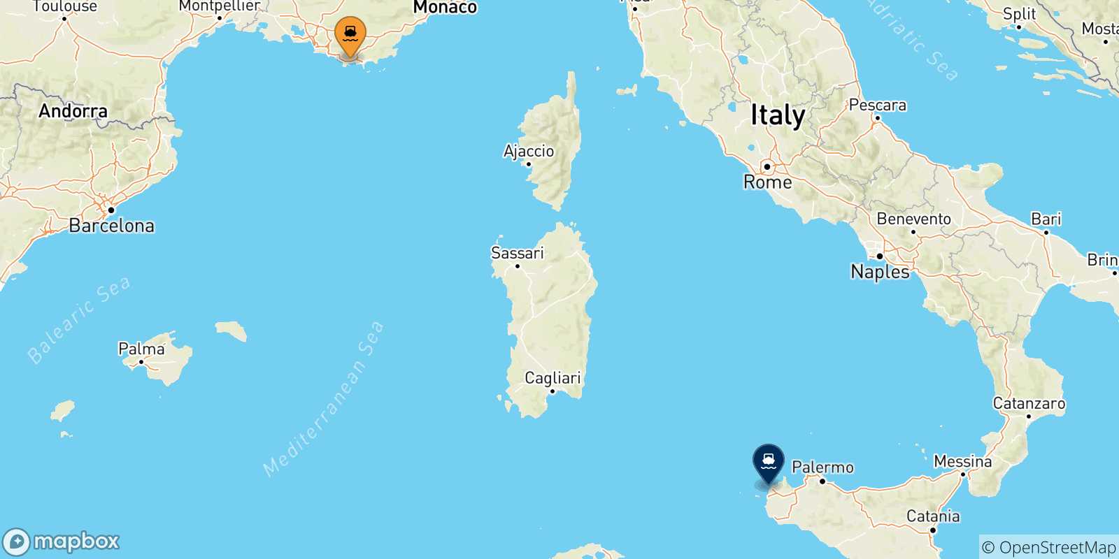 Carte des traversées possibles entre Toulon et la Sicile
