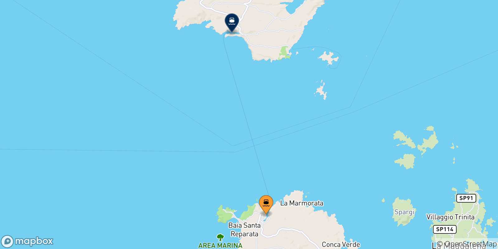 Carte des traversées possibles entre la Sardaigne et Bonifacio