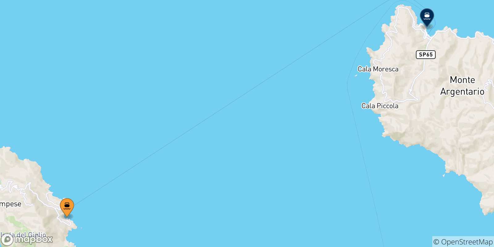 Carte des traversées possibles entre l'Île Du Giglio et l'Italie