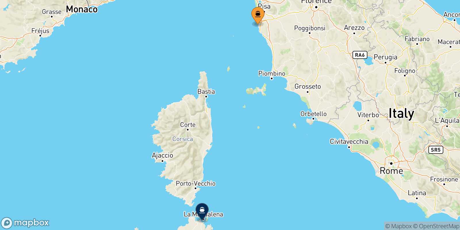 Carte des traverséesLivourne Golfo Aranci