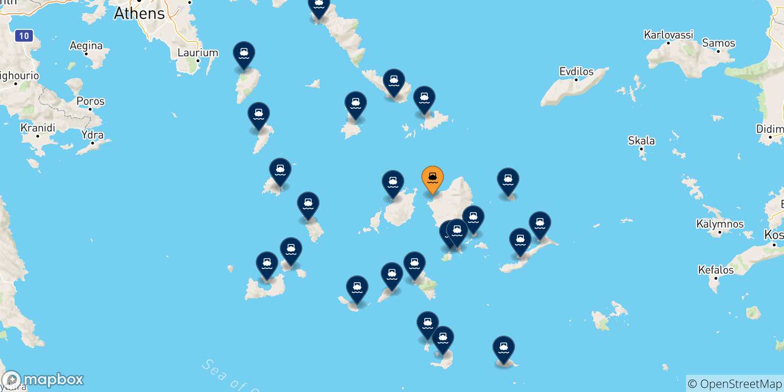 Carte des traversées possibles entre Naxos et Îles Des Cyclades