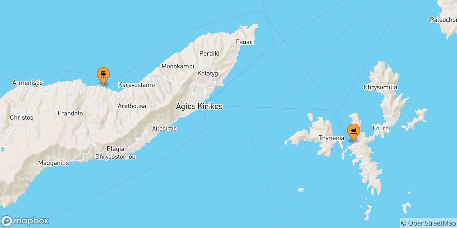 Carte des traversées possibles entre les Îles Égéennes et Pythagorio (Samos)