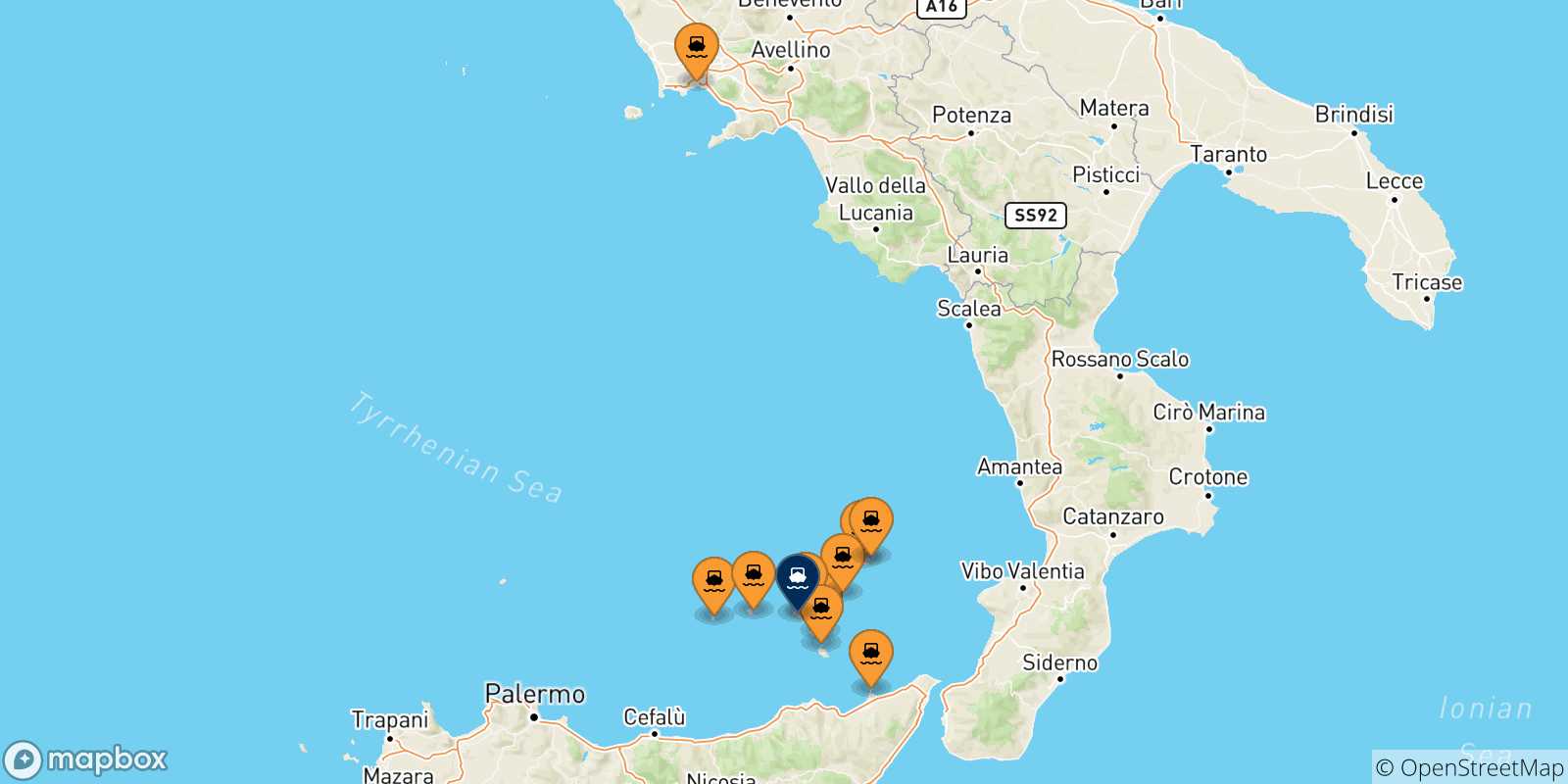 Carte des traversées possibles entre l'Italie et Rinella (Salina)