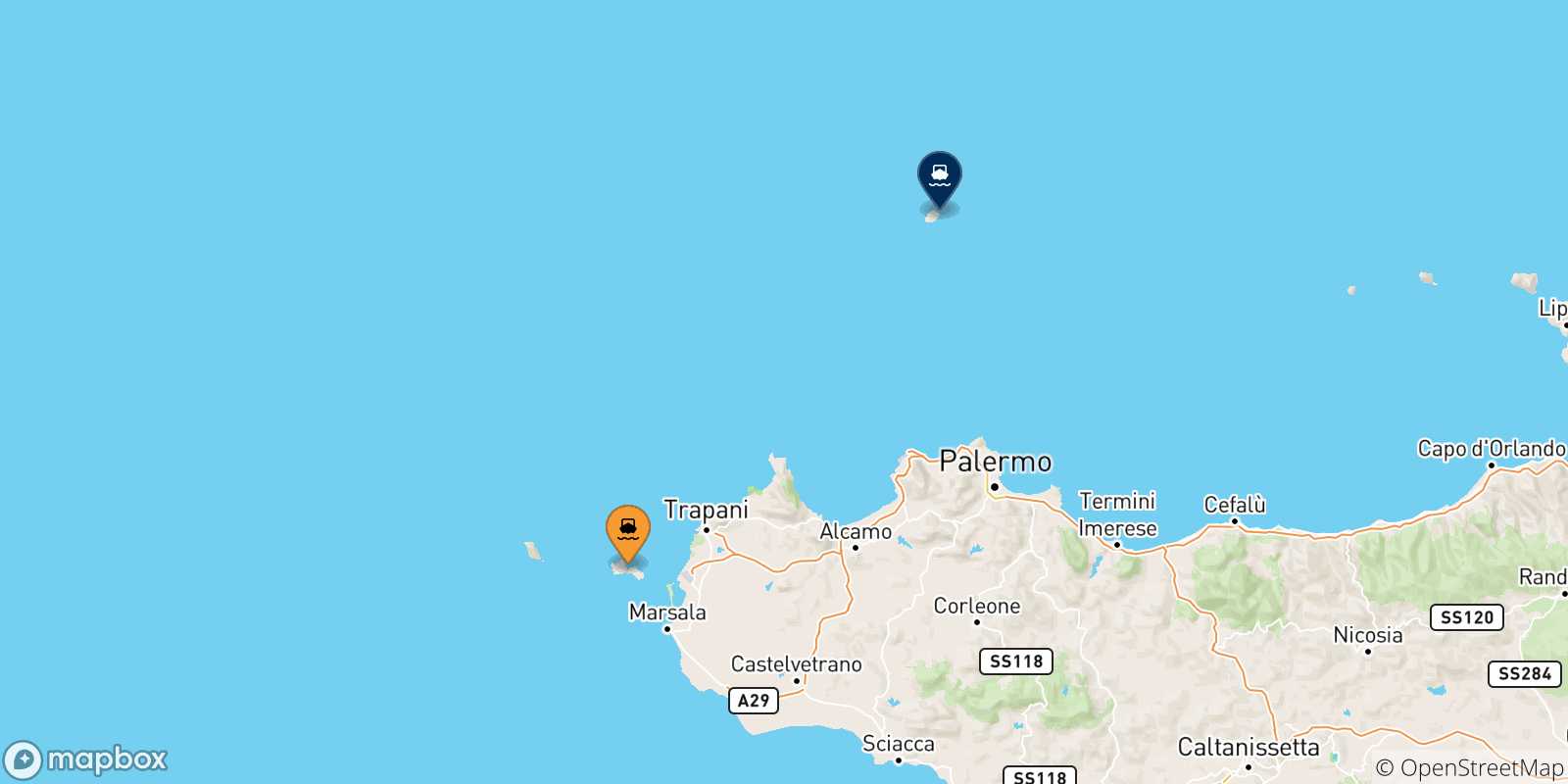 Carte des traversées possibles entre les Îles Égades et l'Île D'ustica