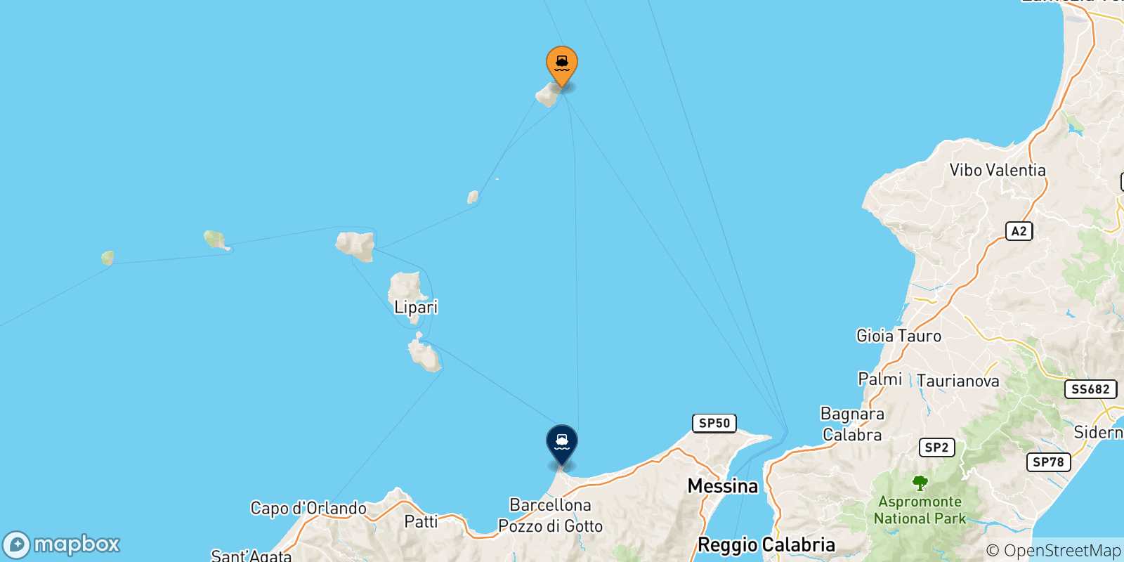 Carte des traversées possibles entre Stromboli et la Sicile
